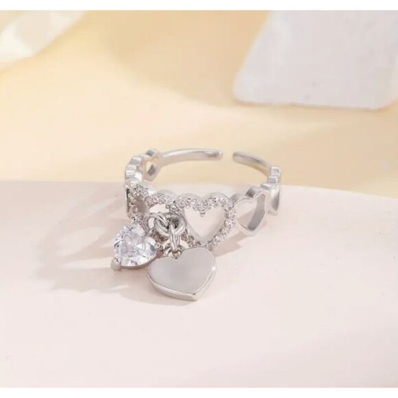 Unbranded Jewelry - Silver Double Dangle Heart Adjustable Rhinestone Ring